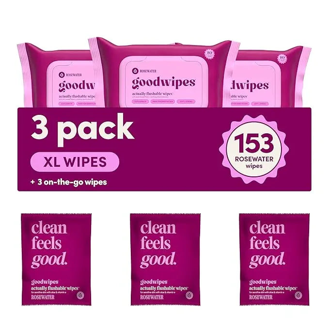 goodwipes Flushable Butt Wipes - Vitamin E & Aloe - Sewer & Septic Safe - Extra Large Adult Wet Wipes For Women & Men - Bathroom Essentials - Rosewater, 153 Count (3 Packs + 3 Individually Wrapped) - ModernBath
