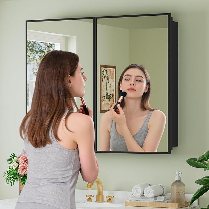 Buruis 36" x 30" Framed Medicine Cabinet with Mirror, Recessed or Wall Mounted Bathroom Cabinet, Adjustable Tempered Glass Shelves, Left/Right Open Reversible, No Assembly Required, Black - ModernBath