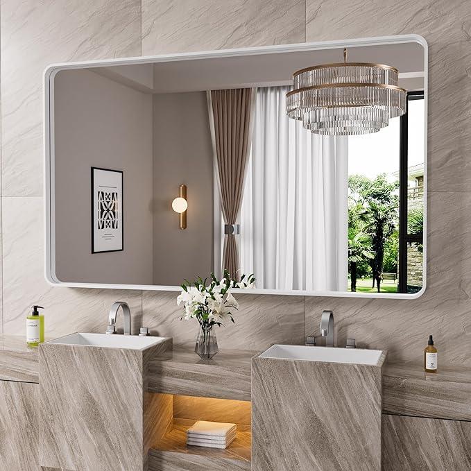 JISOSO White Bathroom Mirror 50x30 Inch, White Metal Framed Bathroom Mirror for Wall, Rounded Rectangle Matte Bathroom Vanity Mirror, Tempered Glass, Anti-Rust, Horizontal/Vertical - ModernBath