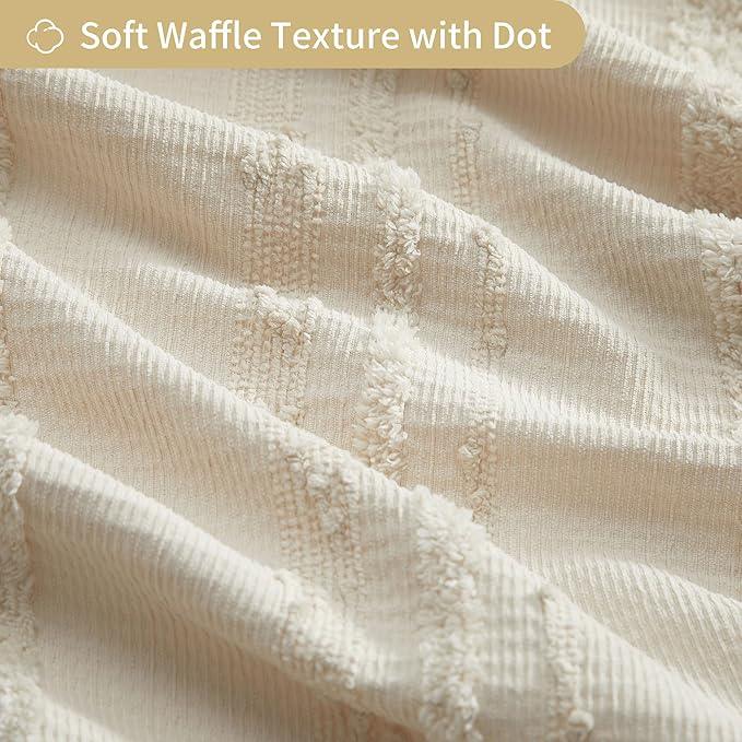 Lameirose Beige Shower Curtain Boho, 72 x 72 Cotton Blend Waffle Weave Stripe Textured Heavy Duty, Fabric Shower Curtain for Bathroom, Hotel, Washable - ModernBath