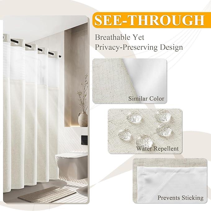 Jowels No Hooks Needed Linen Shower Curtain and Liner Set,Ivory Hotel Luxury Decor Shower Curtains for Bathroom with See Through Top Window,Water Resistant Fabric,72Wx72L,Ivory - ModernBath