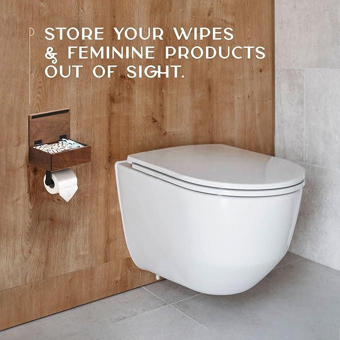 Day Moon™ Wood Toilet Paper Holder with Shelf, Wipe Holder for Bathroom, Flushable Wipes Dispenser, Toilet Paper and Wipes Holder - Toilet Paper Holder with Storage, Toilet Paper Holder Wall Mount - ModernBath