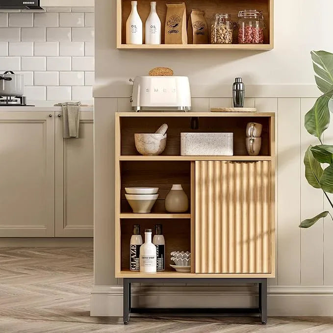 Fluted Bathroom Floor Cabinet with Sliding Door, Modern 3 Drawers Storage Organizer with Black Metal Base Adjustable Shelf Wood Storage Cabinet Freestanding for Bathroom Kitchen Dining Room - ModernBath