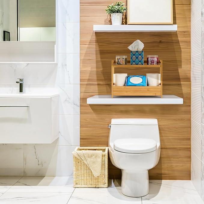 Sorbus Bamboo Bathroom Counter Organizer – 2-Tier Shelf with Hidden Drawer for Vanity, Matcha Station, Bathroom Sink Organizer Countertop, Kitchen & Office Storage (17″ L x 6.5″ W x 12.6″ H) - ModernBath