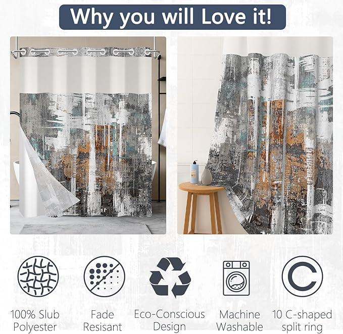 NAEMBCU No Hook Shower Curtain with Snap-in Liner, Modern Abstract Bath Curtain with See Through Top, Waterproof Double Layer for Bathroom Decor, 71 x 74 Inch - ModernBath