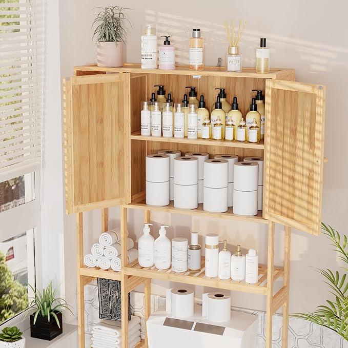 Bamboo Over The Toilet Storage, Above Toilet Organizer Storage Shelf Stand, Tall Freestanding Behind Toilet Rack, Tiered Bathroom Space Saver Shelving, Easy Assembly (Natural) - ModernBath