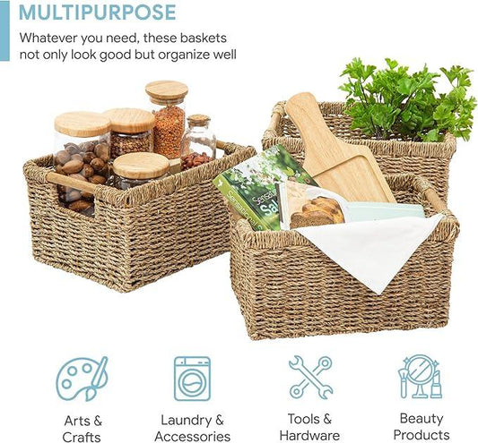 Natural Seagrass Basket with Wooden Handle, Medium Rectuangular Wicker Basket for Living Room 12.2 x 8.9 x 6.7 inches - 3 Pack - ModernBath