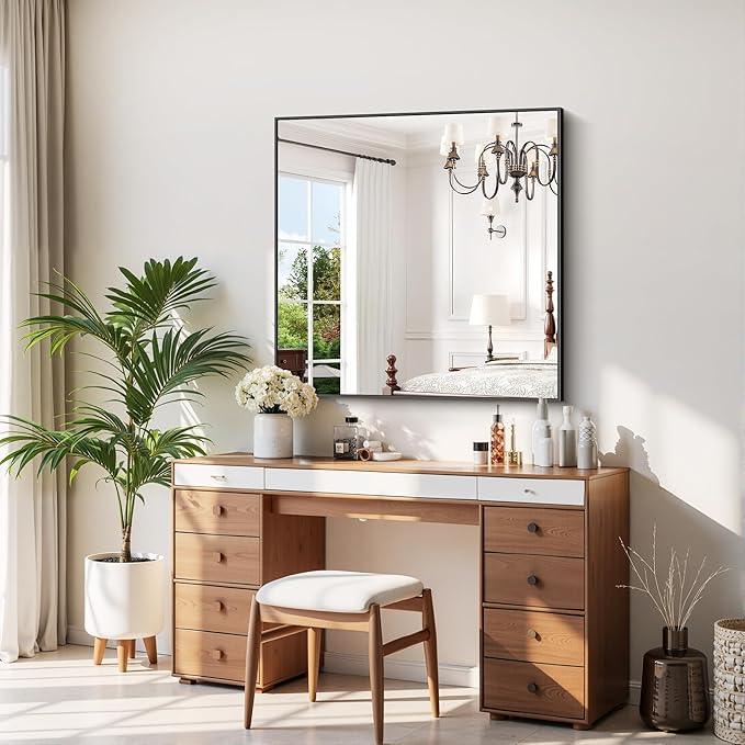 COFENY Black Bathroom Mirror for Wall, 39x39 Inch Rectangle Mirror with Metal Frame, Square Modern Vanity Mirrors for Bathroom Living Room, Entryway Hangs Horizontal or Vertical - ModernBath