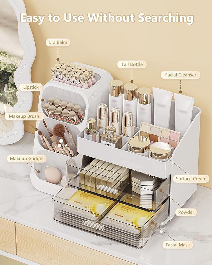 Anylady Makeup Organizer with Drawers, Skincare Organizer (Large Size Thick), Storage Box Cosmetic Display Cases, Make up Organizers for Vanity, Dresser, Desk, Kitchen, Countertop (White) - ModernBath