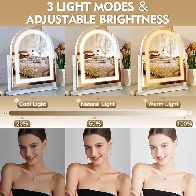 ROLOVE Lighted Makeup Mirror with 3-Color Dimmable Lighting, with Removable 10x Magnifier, Smart Touch Control, 360° Rotation, 15" x 13" Hollywood Vanity Mirror for Tabletop or Desk (White) - ModernBath