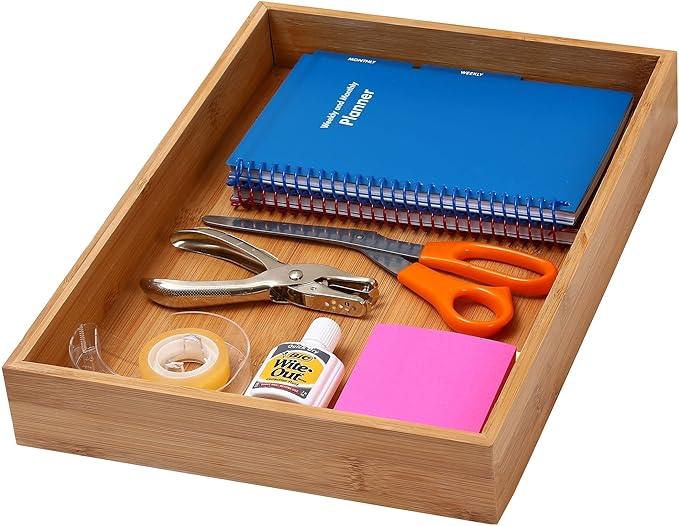 YBM Home Bamboo Drawer Organizer Storage Box for Kitchen Drawer, Junk Drawer, Office, Bedroom, Children Room, Craft, Sewing, and Bathroom, 1 Pack, 10x14x2 - ModernBath