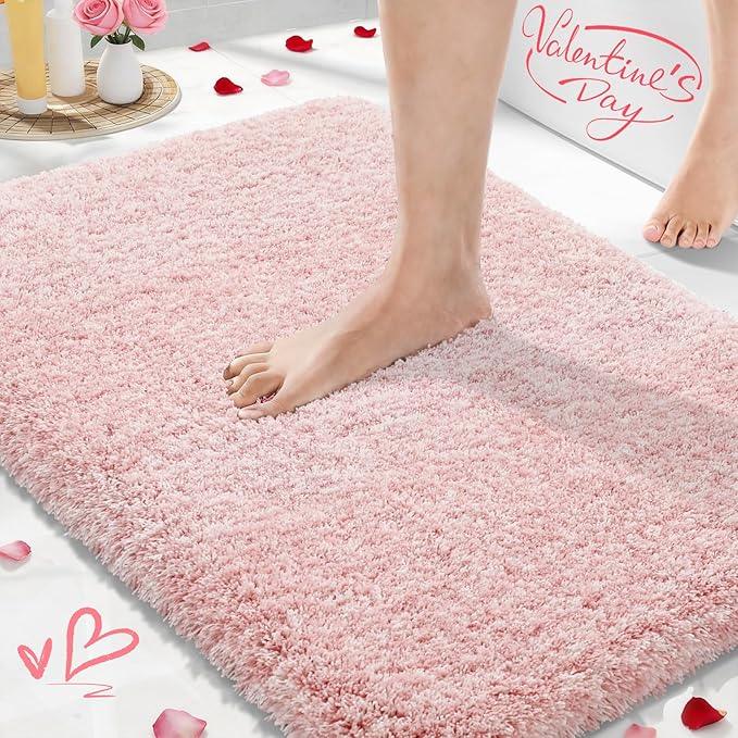 Yimobra Light Pink and White Bathroom Rugs Non Slip Washable, Ultra Soft and Water Absorbent Bath Mats, Plush Fluffy Shower Mat Outside, Microfiber Thick Matts for Bathroom Floor/Sink, 24x17 - ModernBath