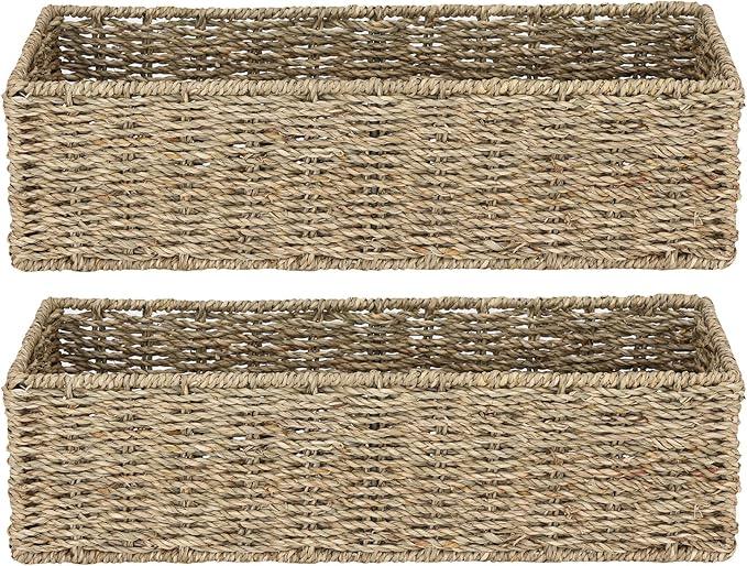 [2-Pack] Seagrass Storage Baskets, Rectangle Wicker Containers, Wicker Toilet Basket Tank Topper, Handwoven Natural Storage Baskets for Shelves, Bathroom, Bedroom (16" x 6.5" x 4.3") - ModernBath
