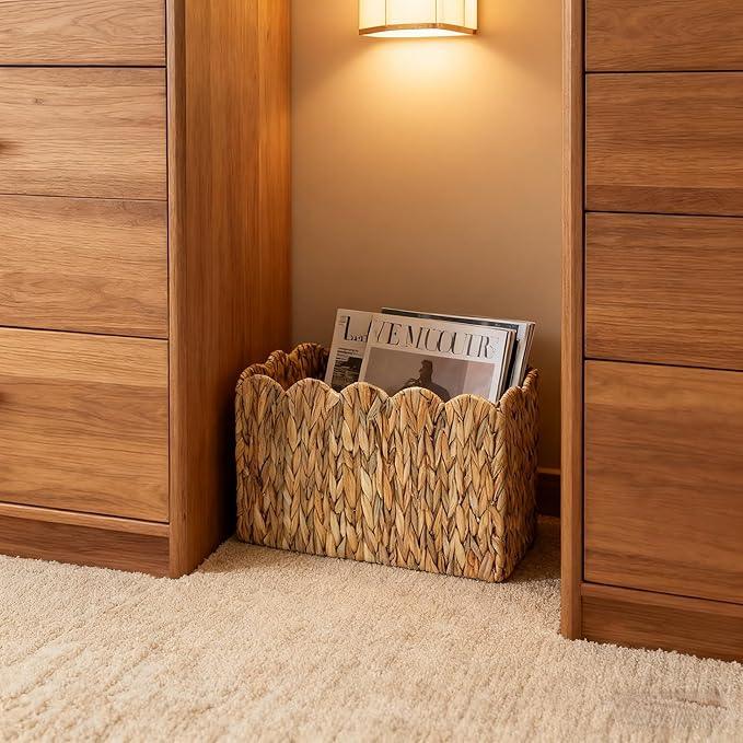 Water Hyacinth Magazine Holder with Scalloped Edge – Toilet Paper Storage Basket Natural Woven Decorative Basket for Magazines, Newspapers, Mail, Living Room, Bathroom & Office - ModernBath