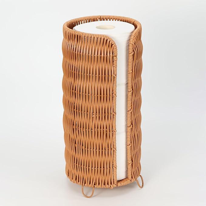 Boho Toilet Paper Holder Stand with PP Rattan & Metal Frame, 3-Roll Toilet Paper Storage Basket, Freestanding Organizer for Bathroom (Natural Brown) - ModernBath