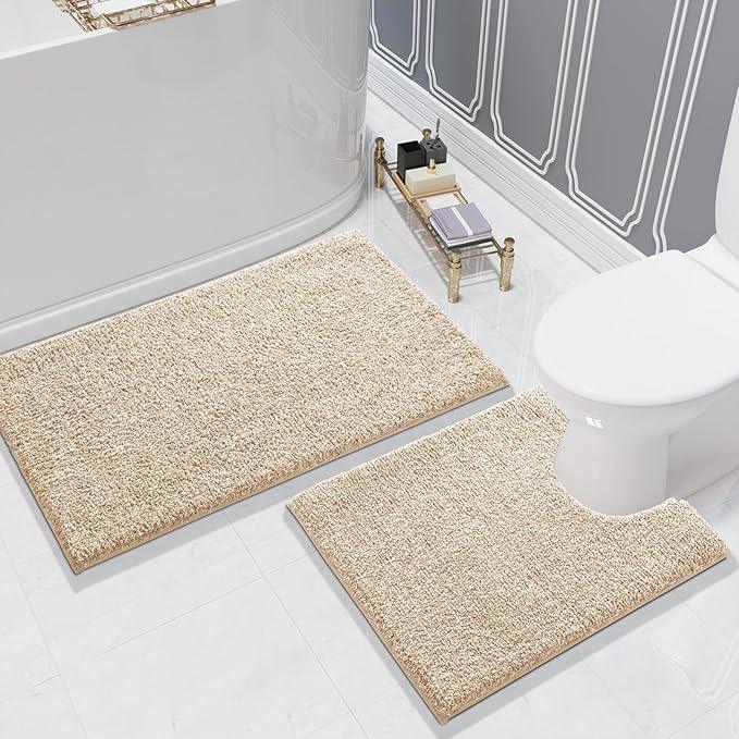 Yimobra Toilet Rugs U Shaped Washable, Soft Absorbent Microfiber Bathroom Rugs, Non Slip Quick Drying Shaggy Bath Mat,Contour Bathroom Mats for Toilet Base, Home Essentials,24x20,Light Beige and White - ModernBath