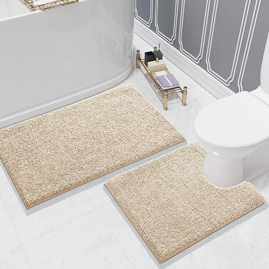 Yimobra Toilet Rugs U Shaped Washable, Soft Absorbent Microfiber Bathroom Rugs, Non Slip Quick Drying Shaggy Bath Mat,Contour Bathroom Mats for Toilet Base, Home Essentials,24x20,Light Beige and White - ModernBath