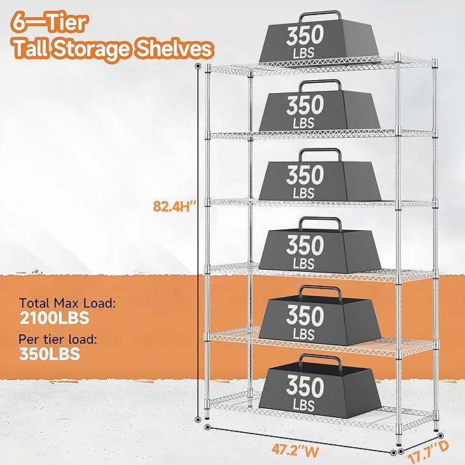 6 Tiers Storage Shelves Load 2100LBS, Metal Shelving Wire Metal Shelving Unit Shelves for Storage Adjustable Garage Shelving for Pantry Kitchen Garage Chrome 17.7" D x 47.3" W x 82.4" H - ModernBath