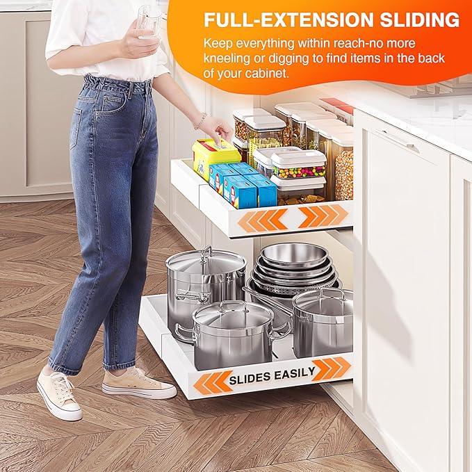 LEGUANG Expandable Pull-Out Cabinet Organizers (12.6-20.4" W x 16.54" D) - Upgraded 3 Quiet Slide Rails, Nano-Film Adhesive Fixing, White, Fit Kitchen/Living Room/Bathroom/Vanity - ModernBath