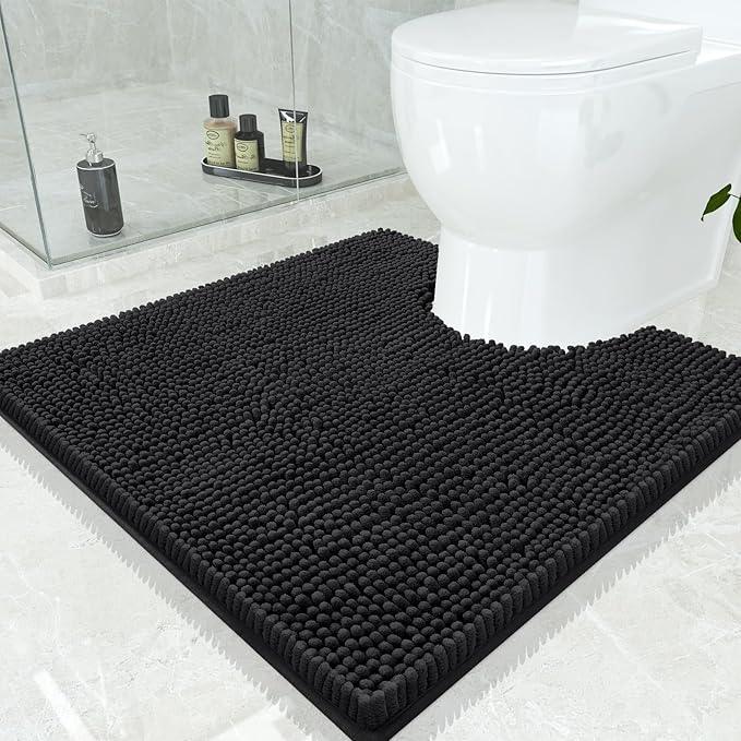 Smiry Luxury Chenille Toilet Rugs U-Shaped 24x24, Soft Absorbent Non-Slip Contour Bathroom Rugs for Toilet, Machine Washable Contoured Bath Mats, Black - ModernBath