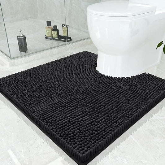 Smiry Luxury Chenille Toilet Rugs U-Shaped 24x24, Soft Absorbent Non-Slip Contour Bathroom Rugs for Toilet, Machine Washable Contoured Bath Mats, Black - ModernBath