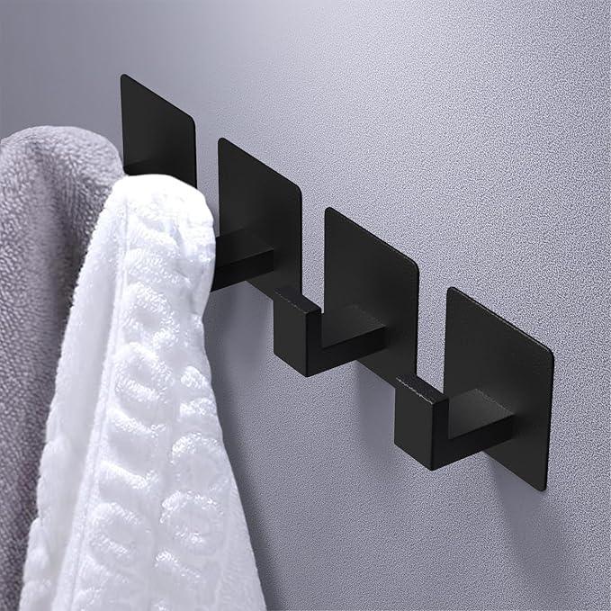 VAEHOLD 4 Pack Adhesive Towel Hooks, Heavy Duty Wall Hooks Aluminum Hooks Stick on Door, Kitchen, Bathroom for Hanging Coat, Hat, Towel, Robe, Clothes (Black) - ModernBath