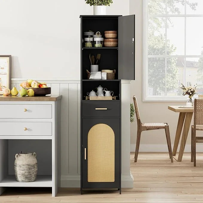Homhedy 67"H Tall Bathroom Storage Cabinet with Rattan Decorated Door and Drawer, Narrow Storage Unit, Adjustable Shelves, Floor Cabinet for Bathroom, Living Room, Kitchen, Black and Natural, (15.7"W) - ModernBath