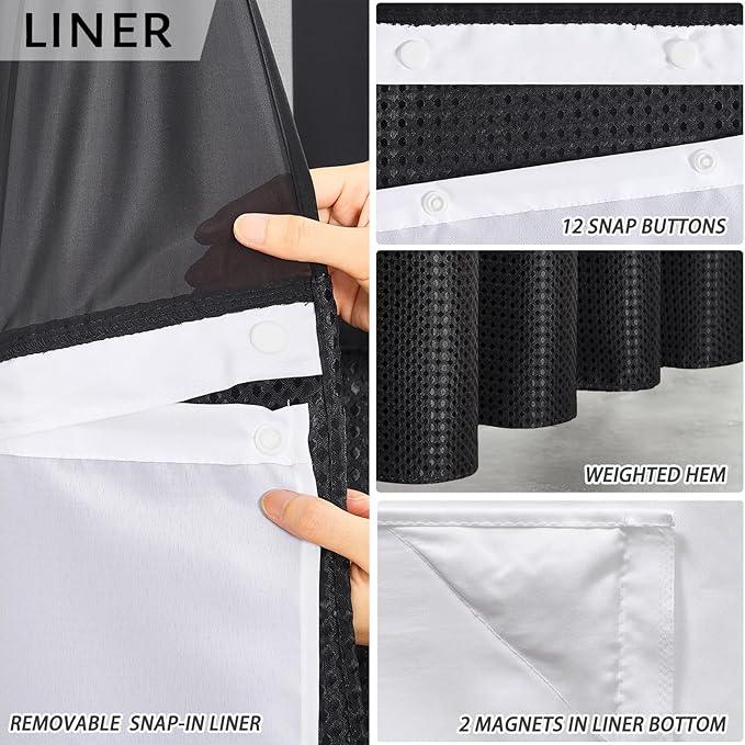 Black No Hook Double Shower Curtain Set with Snap in Liner,Heavy Duty Waffle Weave Textured Fabric Bathroom Curtains with See Through Window,Machine Washable & Waterproof,Hotel Qulity,71x72 Inch - ModernBath