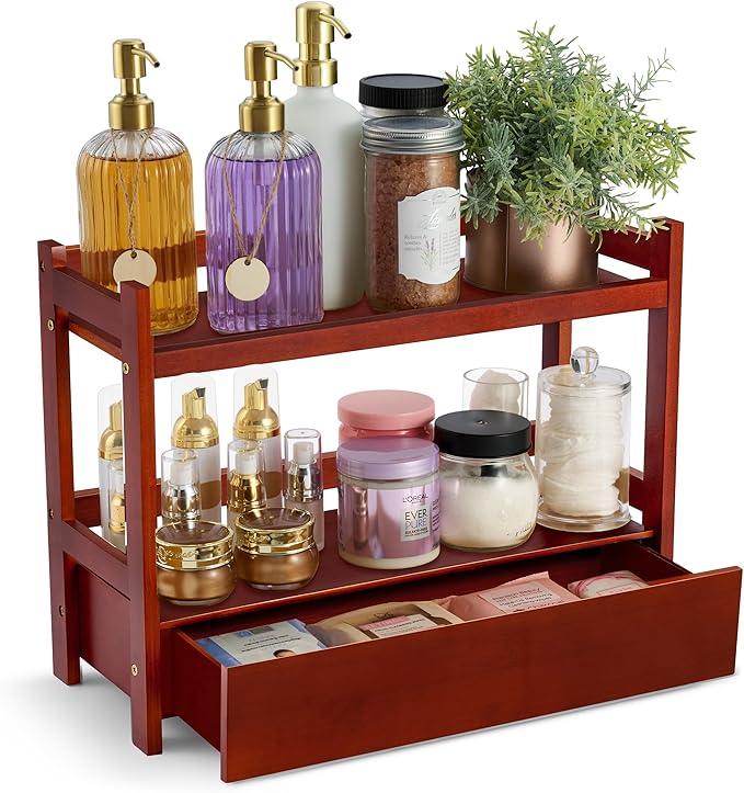 Sorbus Bamboo Bathroom Counter Organizer – 2-Tier Shelf with Hidden Drawer for Vanity, Matcha Station, Bathroom Sink Organizer Countertop, Kitchen & Office Storage (17″ L x 6.5″ W x 12.6″ H) (Brown) - ModernBath