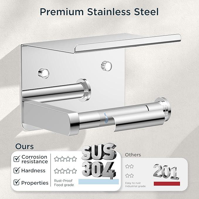 FORIOUS Toilet Paper Holder with Shelf, Adhesive or Screw Wall Mount Toilet Roll Holder for Bathroom, Rustproof 304 Stainless Steel Commercial Toilet Tissue Holder with Phone Shelf, Chrome - ModernBath