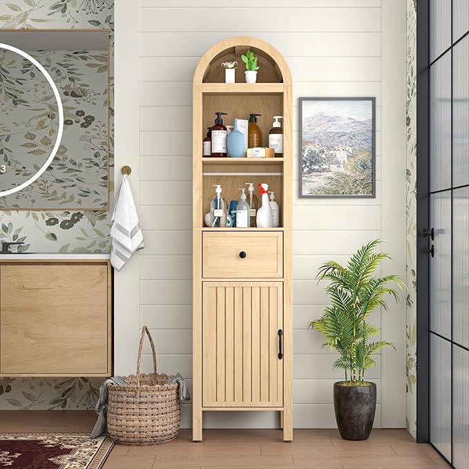 64" Tall Bathroom Storage Cabinet with Adjustable Shelves,Tall Narrow Arched Freestanding Tower Cabinet with Fluted Doors and Drawers,Space Saving Organizer for Bathroom Living Room (Oak) - ModernBath