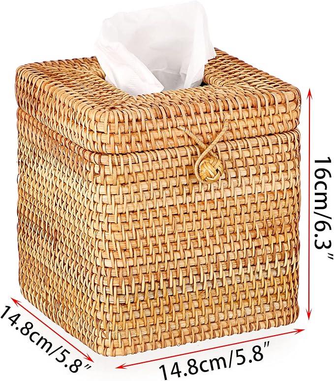 Sumnacon Tissue Box Cover Square Tissue Box Rattan Tissue Box Holder with Hinged Top Lid, Wicker Tissue Holder for Bathroom Toilet Living Room Kitchen Office Table Desk, Yellow - ModernBath