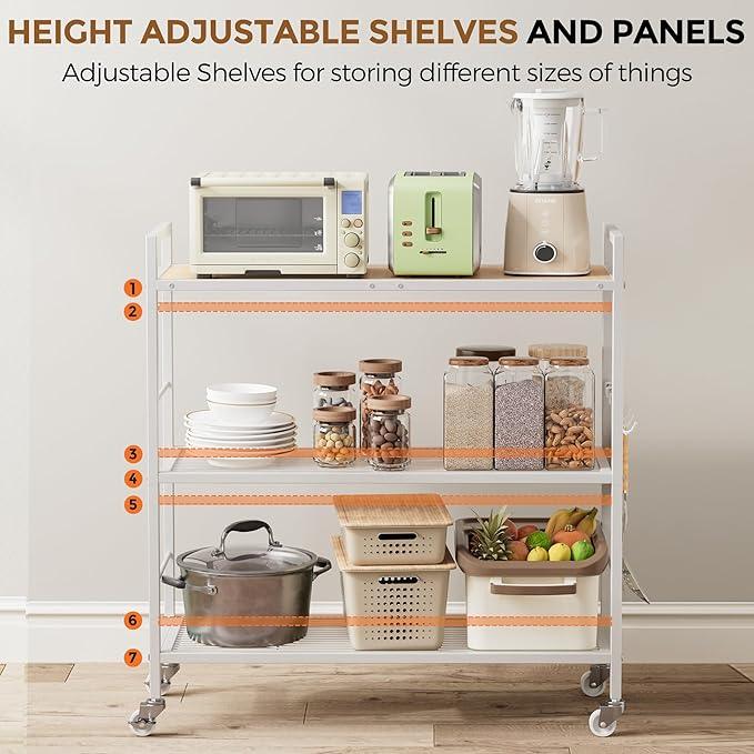 3-Tier Metal Storage Rack with Industrial Wheels,Mesh Shelving Unit with Wooden Table top,Adjustable Shelf,31.5-Inch Width, for Kitchen, Laundry,Pantry,Plant,Oak panel and white frame - ModernBath