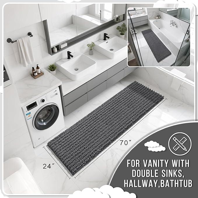 Yimobra Bathroom Runner Rug 70x24 Inch - Extra Long Non Slip Chenille Bath Mat, Soft & Absorbent, Machine Washable Shaggy Hallway Carpet for Vanity Tub Shower, Dark Gray Home Decor Accessories - ModernBath