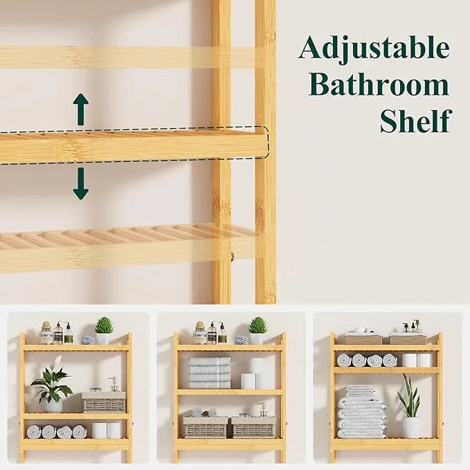 Smiry Over The Toilet Storage Cabinet, 3-Tier Bamboo Bathroom Organizers with Adjustable Shelf & 4 Hooks, Space Saving Shelf Rack for Bathrooms, Laundry Room, Balcony, Natural - ModernBath