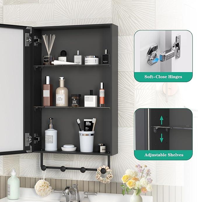 ANYHI 24"x16" Black Bathroom Cabinet with Mirror, Single Door Bathroom Wall Mirror Cabinet, 2 Adjustable Storage Organizer Shelves, 5 Removable Hooks - ModernBath