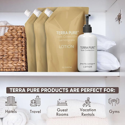 Terra Pure Spa Collection 1 Liter Lotion Refill Bag For Soap Dispensers | Bulk Toiletries for Vacation Rentals, and Home Bathroom Showers | Green Tea Lemongrass | Set of 3