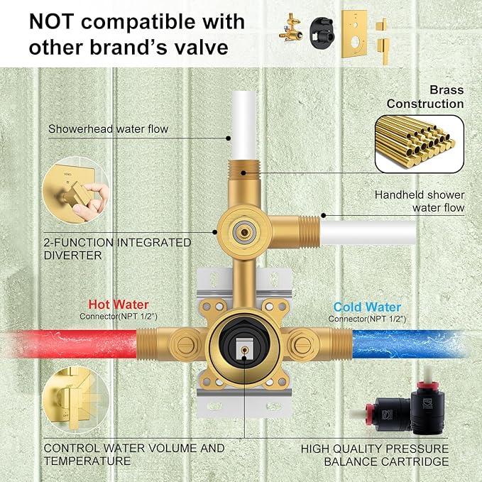 KENES Brushed Gold Rainfall Bathroom Shower System Rain Shower Head and Handle Set, Shower Faucet Set with 10-Inch Rain Showerhead and Handheld Spray, (Shower Valve Included), LJ-6026A-4 - ModernBath