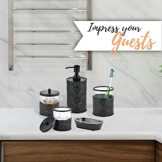 Autumn Alley Black Bathroom Accessories Set, 5 Pieces, Bathroom Decor - Black Soap Dispenser Bathroom Lotion Dispenser, Metal Toothbrush Holder, 2 Glass Apothecary Jars (Qtip Holder), Soap Holder - ModernBath