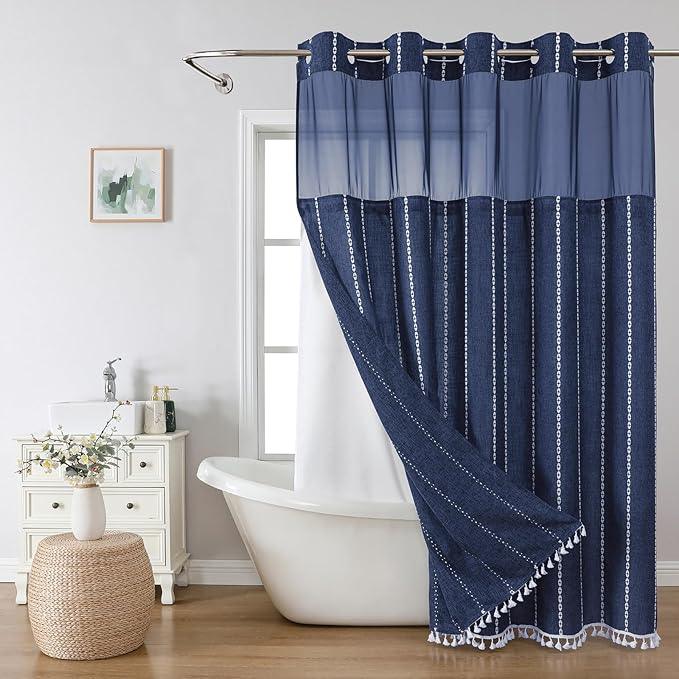 eachope No Hook Extra Long Shower Curtain Set with Snap-in Liner,Linen Textured Thick Striped Fabric with Tassels,Boho Chic Modern Farmhouse Bathroom Curtain,Water-Repellent,Navy Blue,71x86 - ModernBath