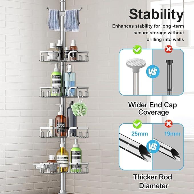 Corner Shower Caddy Tension Pole,39-113 inch Adjustable Rustproof Floor Standing Bathroom Shower Organizer Shelf with 4 Basket for Bathtub,Inside Shower Shampoo Storage Silver - ModernBath