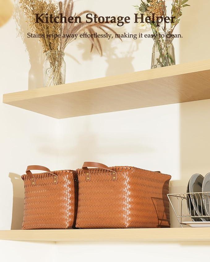 15x10x9 Woven Laundry Basket Hamper, Storage Basket for Clothes Blankets, 4-Pack Wicker Bin for Closet Shelves Bedroom Bathroom, Brown - ModernBath