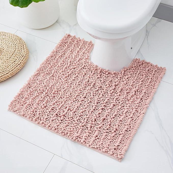ILANGO Toilet Rugs U Shaped Pink 24x24 Bathroom Rugs,Extra Soft Absorbent Chenille Bath Rugs,Thick Non-Slip Shaggy Bath Mat,Machine Washable Quick Dry Shaggy Bath Mats for Toilet Contour - ModernBath