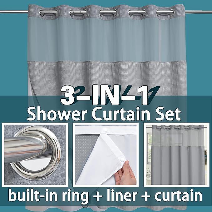 Conbo Mio Extra Wide No Hook Waffle Weave Shower Curtain with Snap in Liner Set, 108" x 74" Hotel Luxury Grey Shower Curtains for Bathroom with See Through Top Window, Waterproof, Washable 108W x 74H - ModernBath