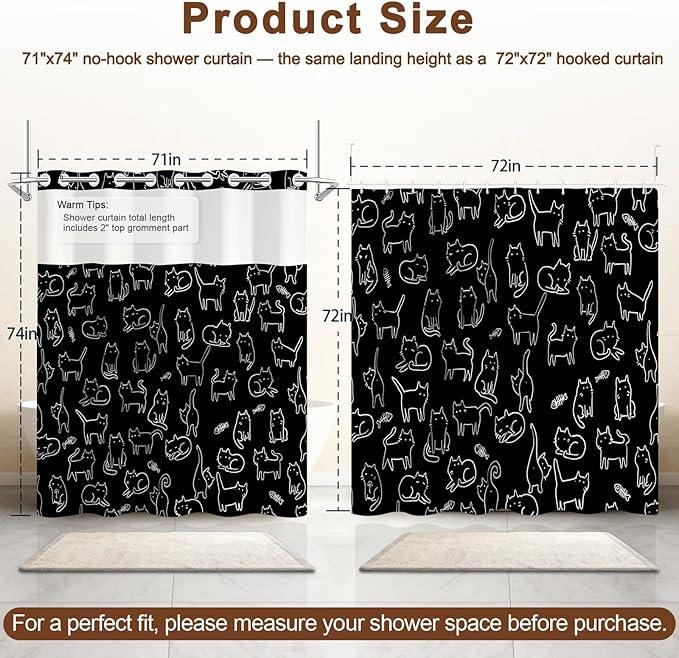 Cute Shower Curtain with Snap in Liner, No Hook Cat Shower Curtain with Top Sheer Window and Weighted Hem, Black and White Funny Shower Curtains for Bathroom, Gift for Cat Lovers, 71x74 Inches - ModernBath