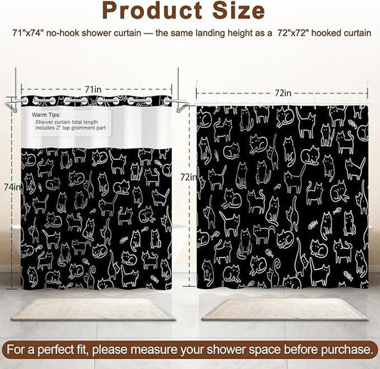 Cute Shower Curtain with Snap in Liner, No Hook Cat Shower Curtain with Top Sheer Window and Weighted Hem, Black and White Funny Shower Curtains for Bathroom, Gift for Cat Lovers, 71x74 Inches - ModernBath