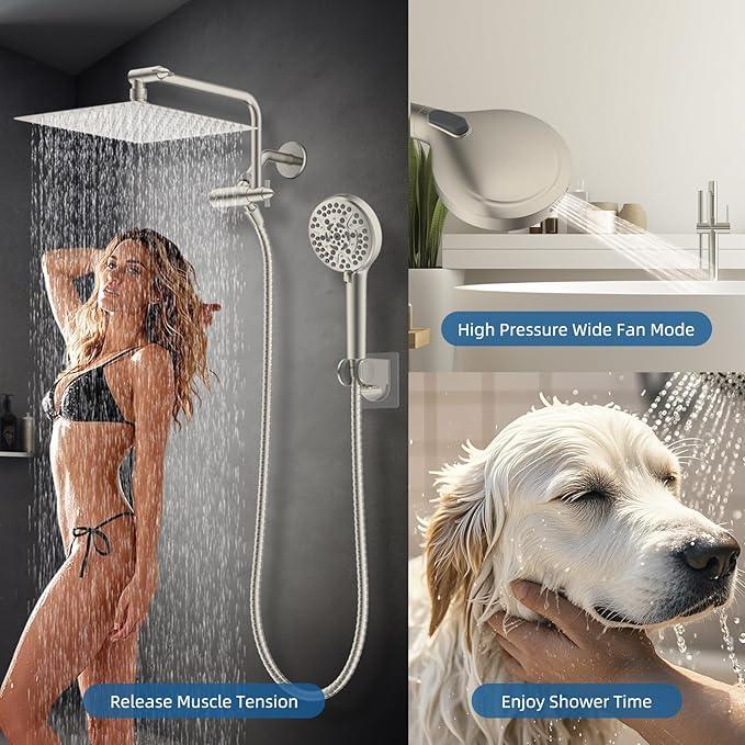 12" All Metal Shower Head, High Pressure 10-Spray Handheld Showerhead Rainfall Shower Head Combo with 11" Adjustable Shower Extension Arm, 71" Hose, Shower Head Holder, Brushed Nickel - ModernBath