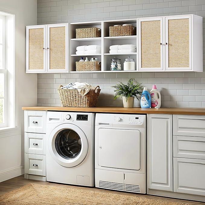 Kitchen Wall Cabinets,78.8" W Rattan Wall Mounted Laundry Cabinets with Adjustable Shelf, Floating Hanging Storage Cabinet for Laundry Room, Bathroom, Kitchen - ModernBath