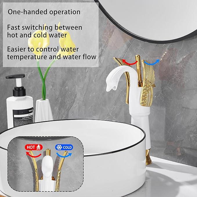 GGStudy Swan Shape Single Handle 1Hole Bathroom Vessel Sink Faucet Deck Mount Lavatory Sink Faucet Gold Mixed White - ModernBath