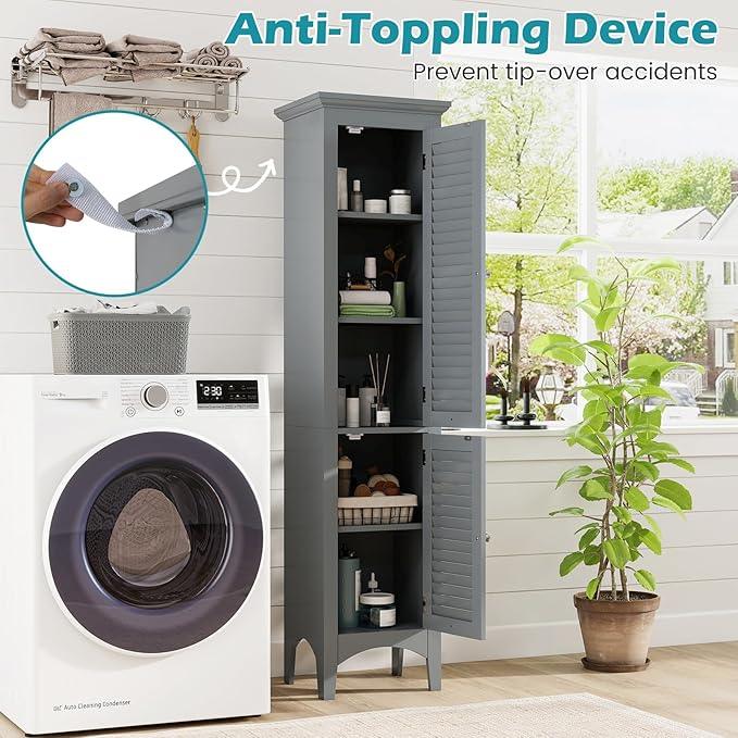 Tangkula 63" Tall Bathroom Storage Cabinet, Freestanding Narrow Linen Tower with Adjustable Shelf, Modern Slim Floor Cabinet with 2 Doors for Bathroom, Living Room, Kitchen (Grey) - ModernBath